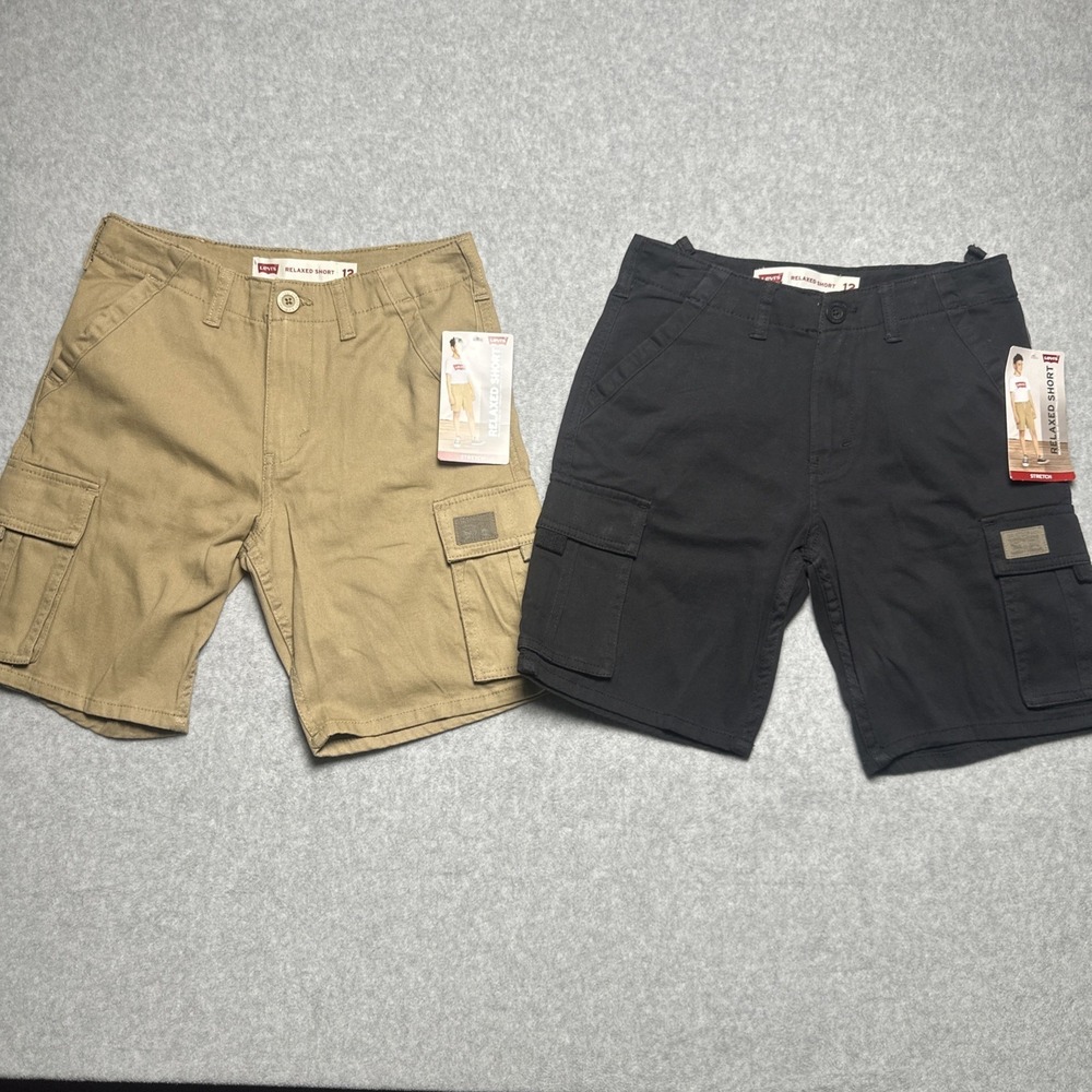 Lot of 2 Levis Boys Relaxed Cargo Shorts Black/Harvest Gold Size 12 NEW